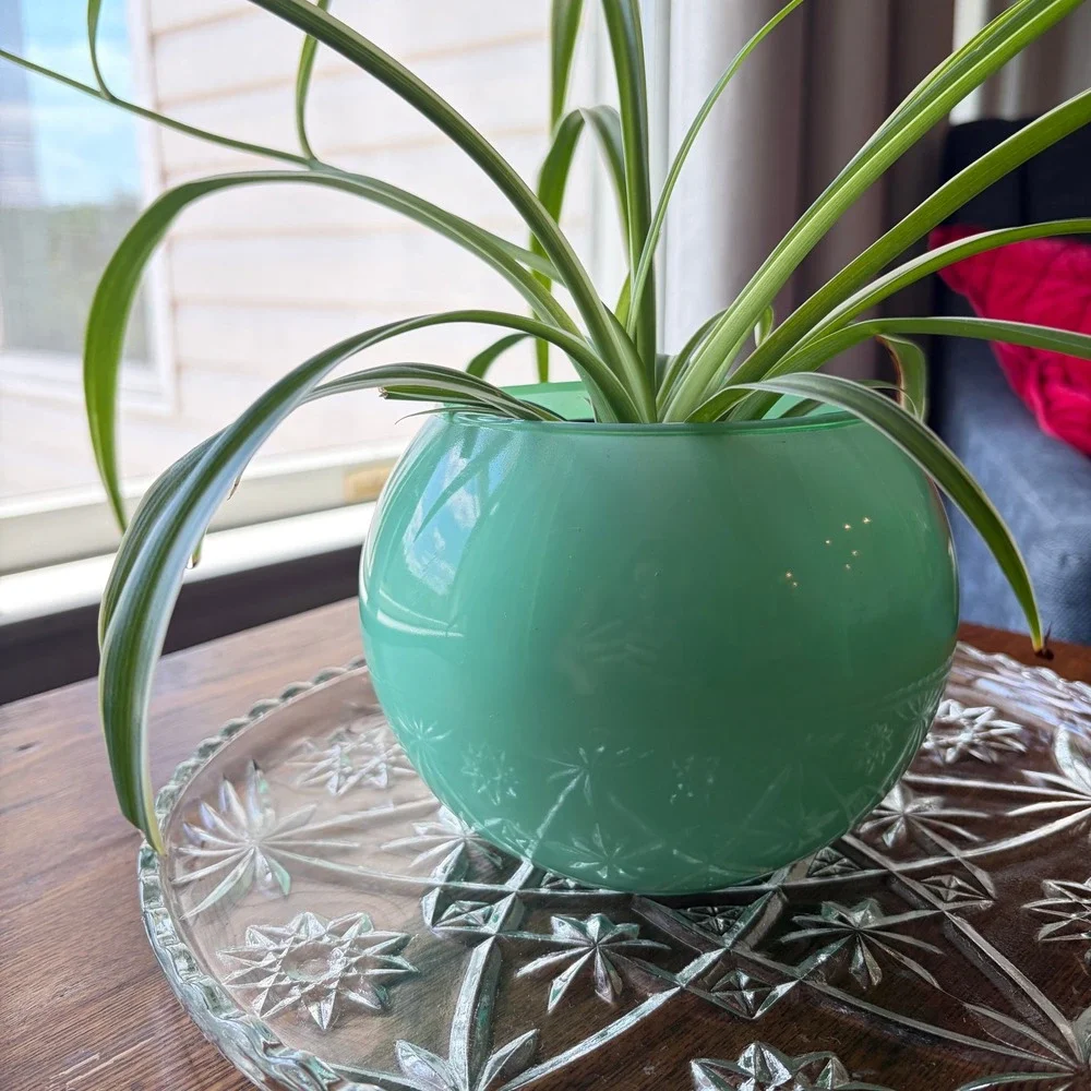 Vintage Green Opaline Glass Vase Round Mid Century Seafoam Mint Art Glass 5.5in
